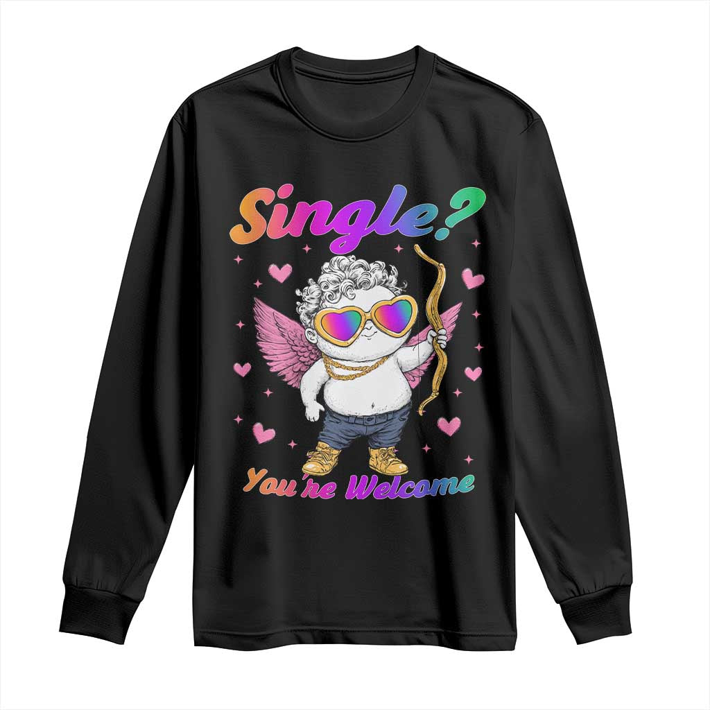Black long-sleeve T-shirt with angel cupid graphic, rainbow glasses, and hearts