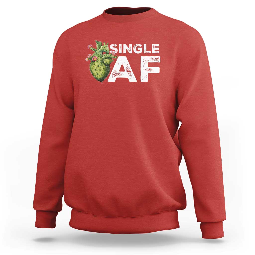 Red crewneck sweatshirt with 'Single AF' cactus graphic on chest