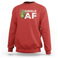 Red crewneck sweatshirt with 'Single AF' cactus graphic on chest