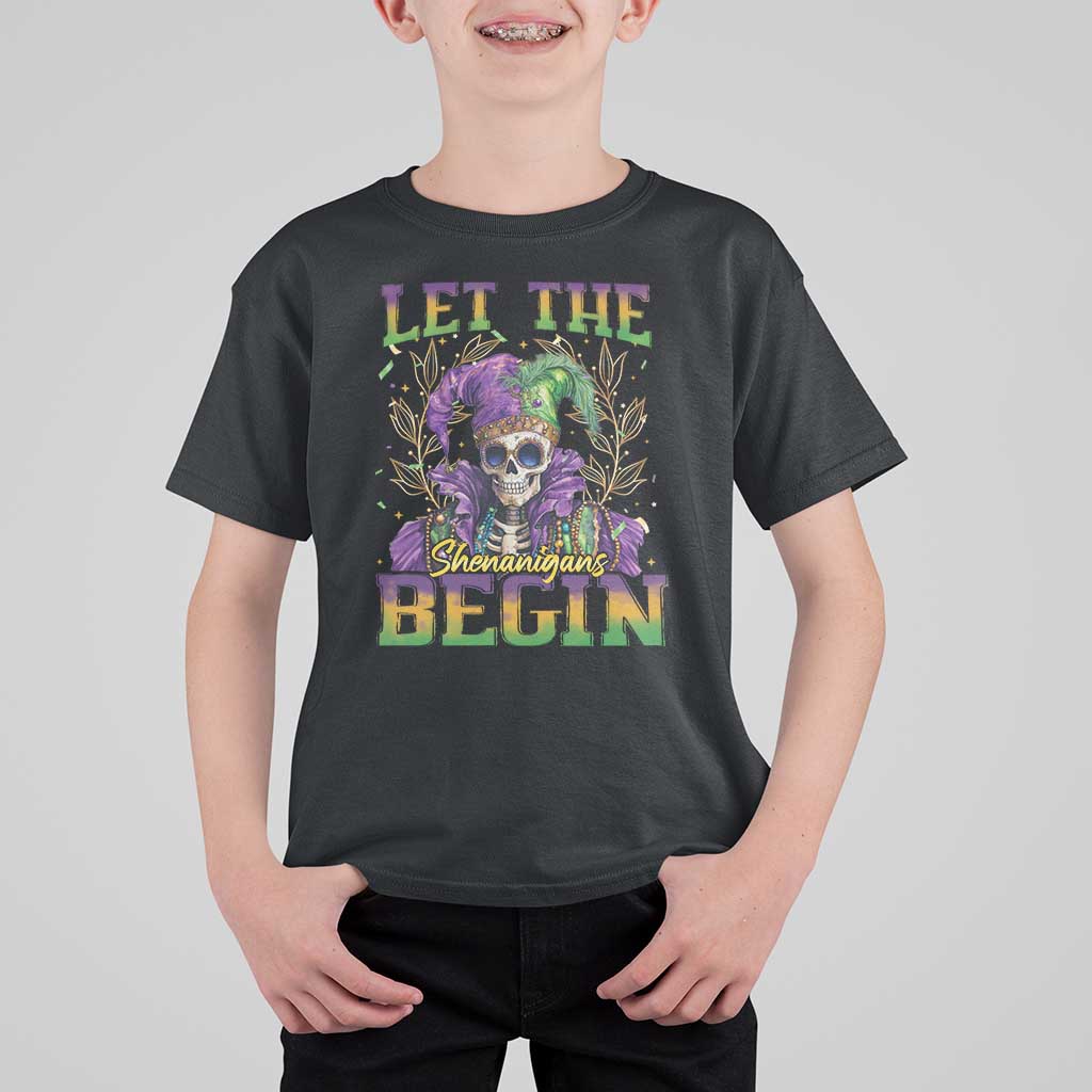 Mardi Gras T Shirt For Kid Let The Shenanigans Begin Skeleton Jester Costume