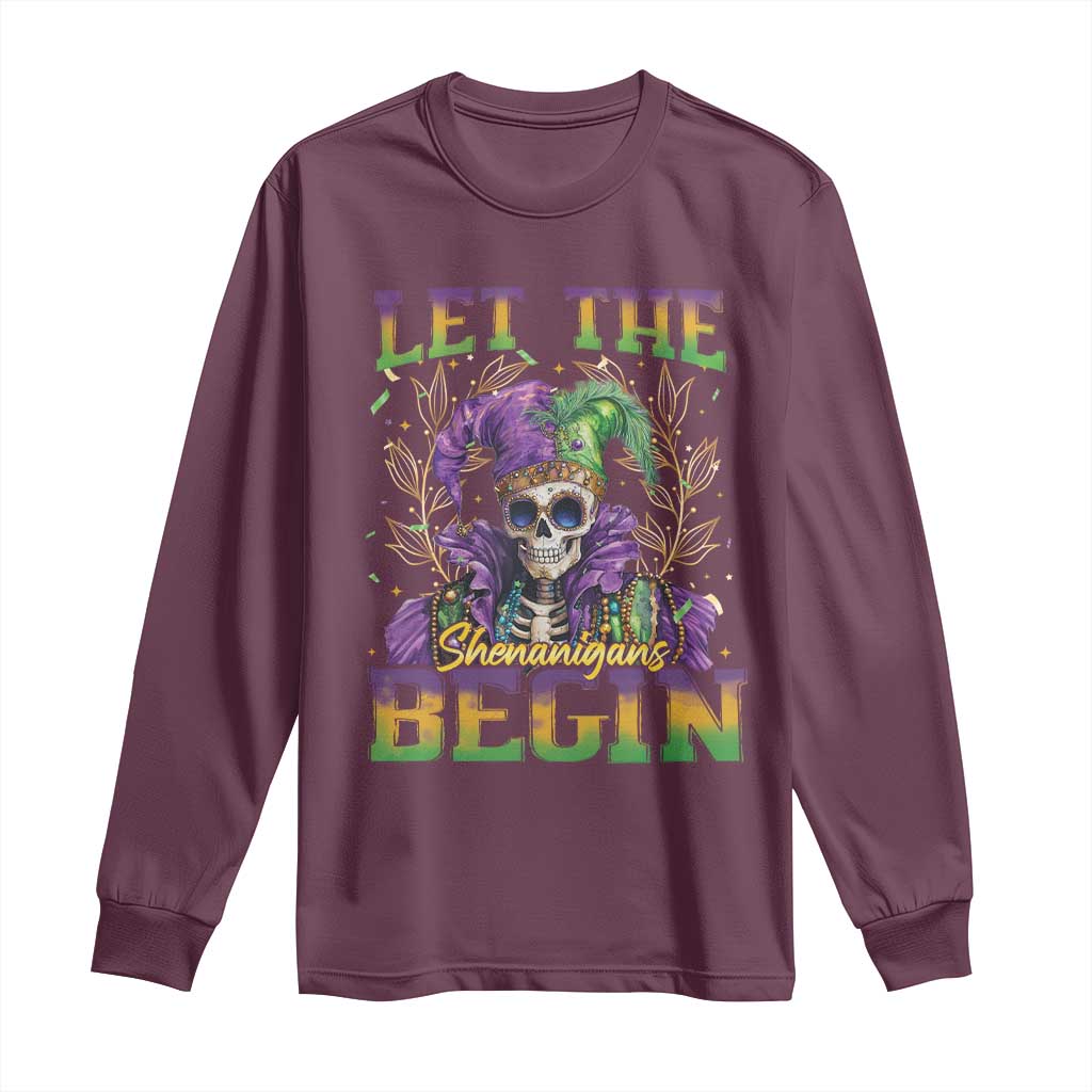 Maroon long-sleeve shirt with skeleton jester graphic and 'Let the Shenanigans Begin' print