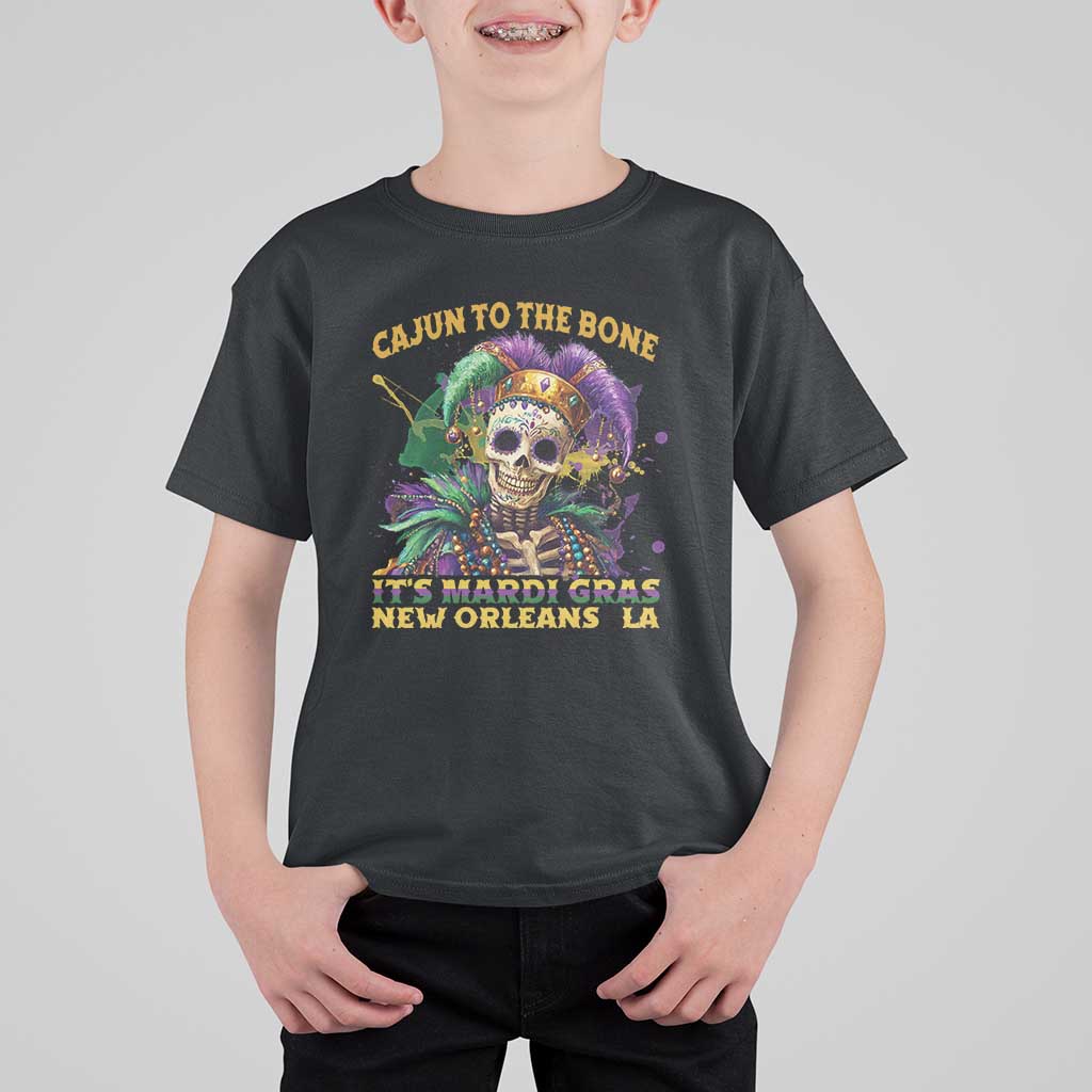 Louisiana Mardi Gras T Shirt For Kid Cajun To The Bone Skeleton Jester Costume