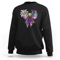 Black Mardi Gras sweatshirt with colorful jester-mask graphic on the chest