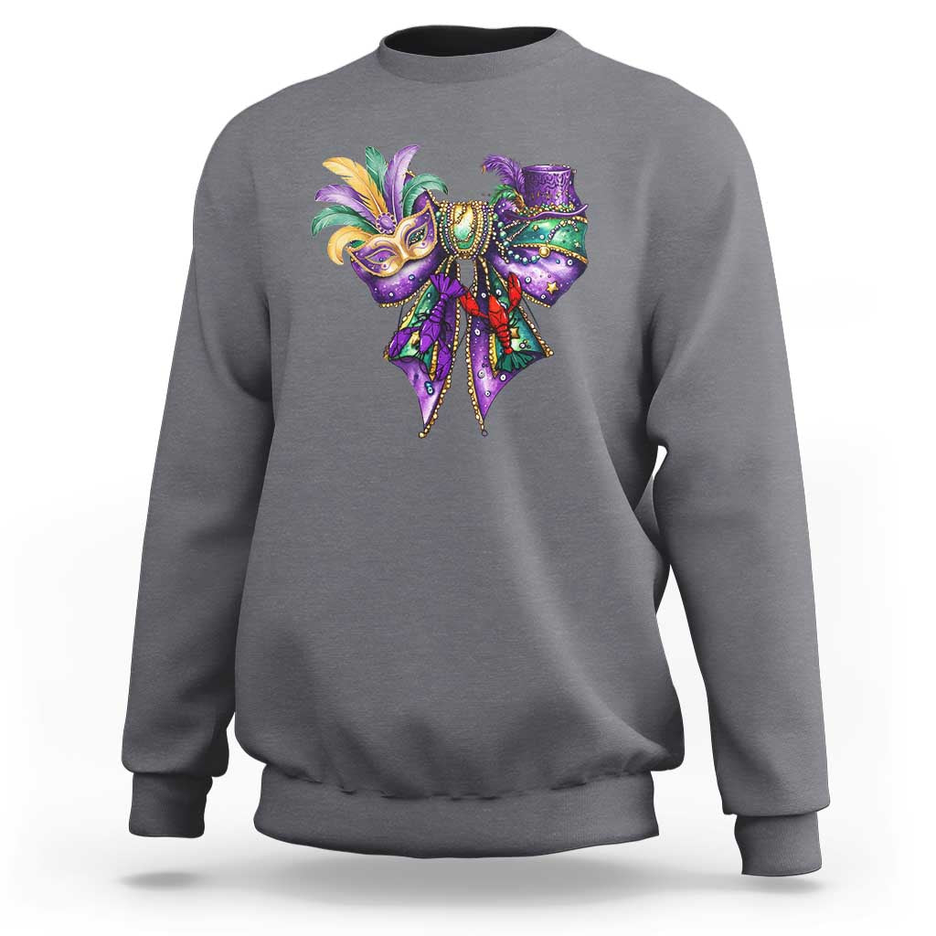 Gray Mardi Gras sweatshirt with colorful jester-mask graphic on the chest