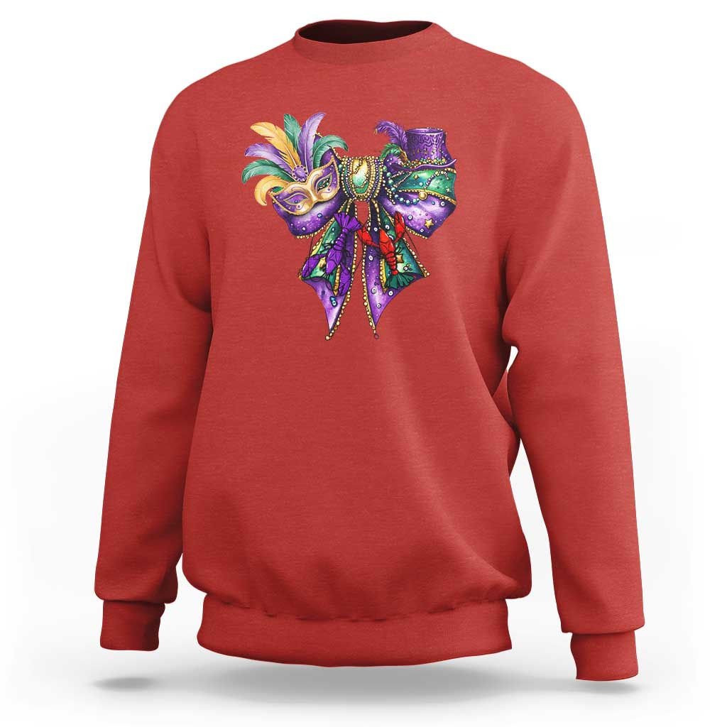 Red Mardi Gras sweatshirt with colorful jester-mask graphic on the chest