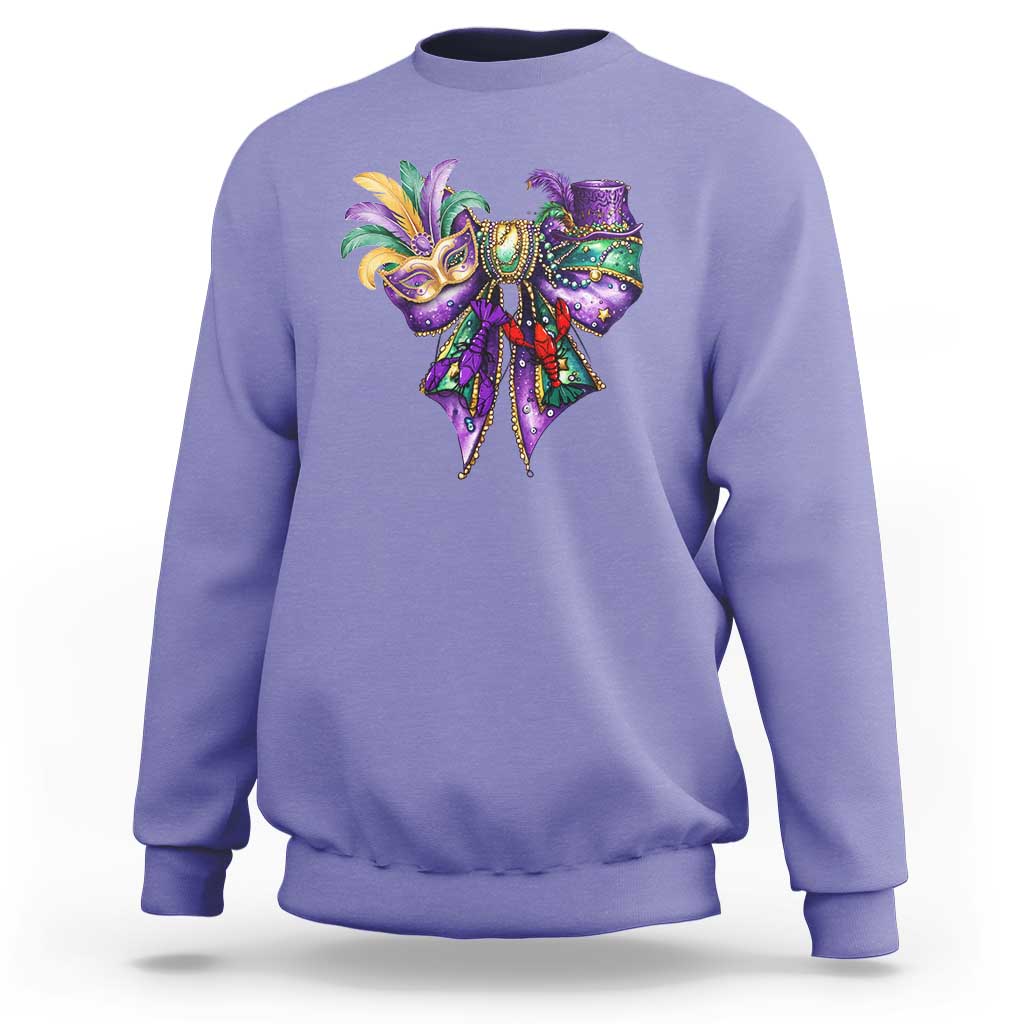 Light purple Mardi Gras sweatshirt with colorful jester-mask graphic on the chest