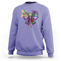 Light purple Mardi Gras sweatshirt with colorful jester-mask graphic on the chest