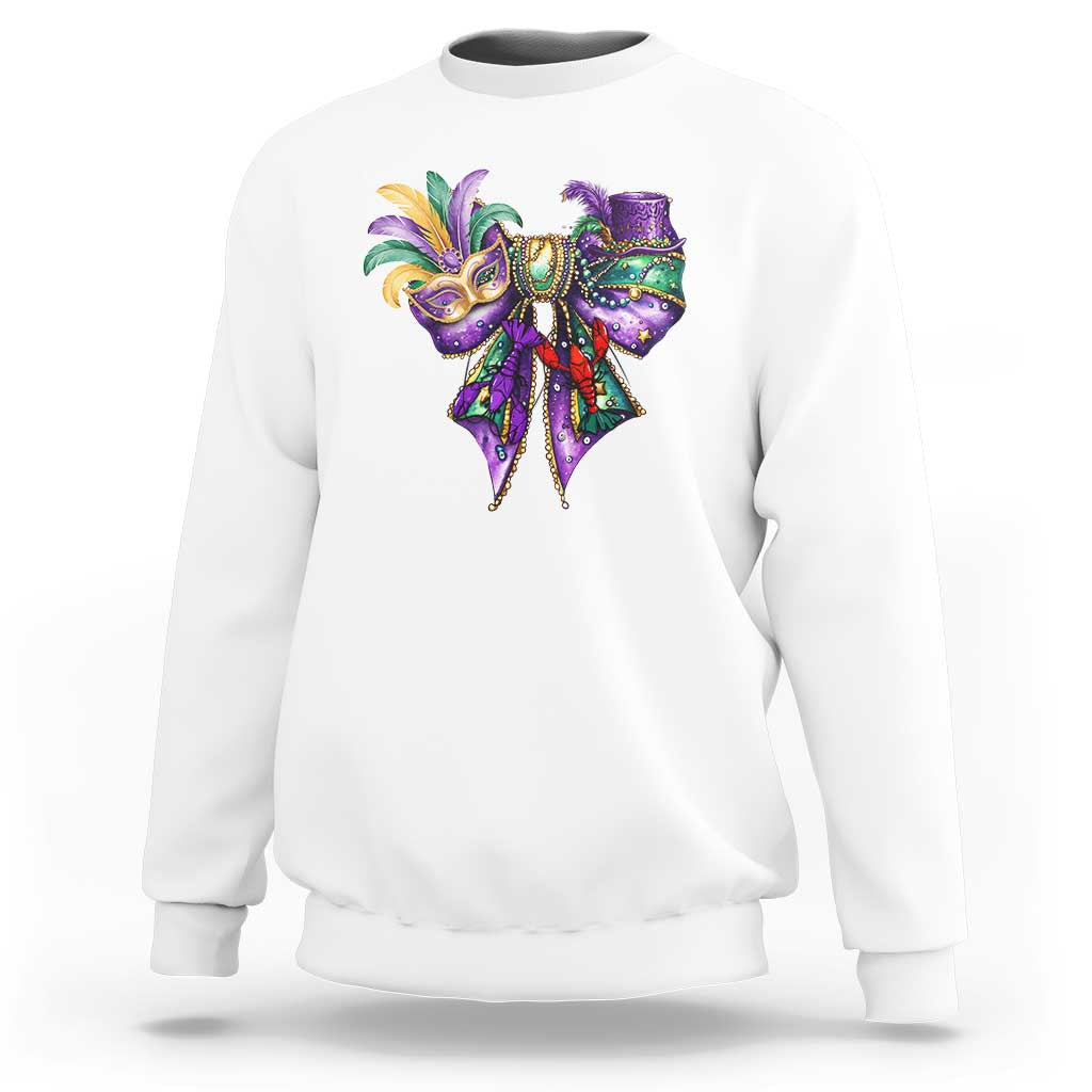 White Mardi Gras sweatshirt with colorful jester-mask graphic on the chest