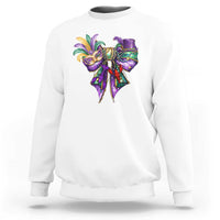 White Mardi Gras sweatshirt with colorful jester-mask graphic on the chest