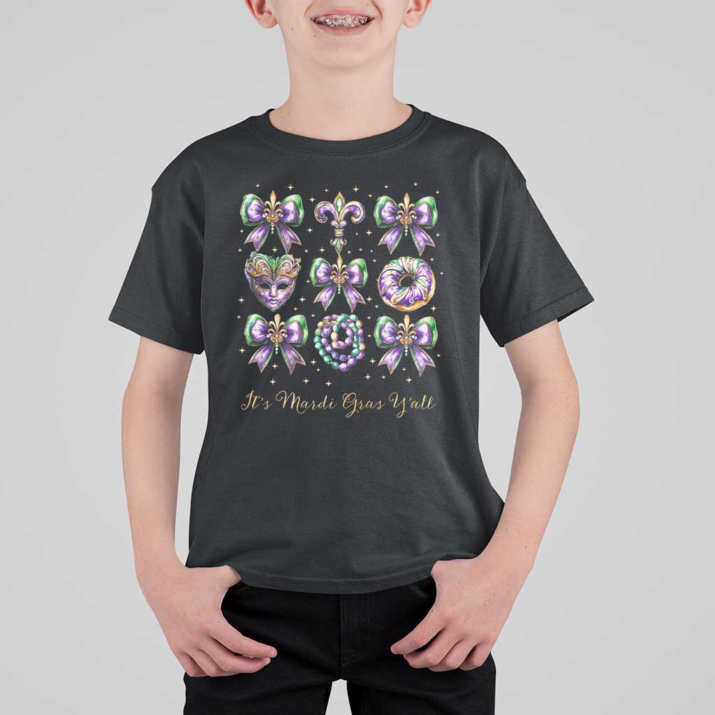 Coquette Bow Mardi Gras T Shirt For Kid It's Mardi Gras Y'all Fleur De Lis Mask