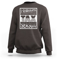 Dark chocolate crewneck sweatshirt with Survived Tax Season front graphic