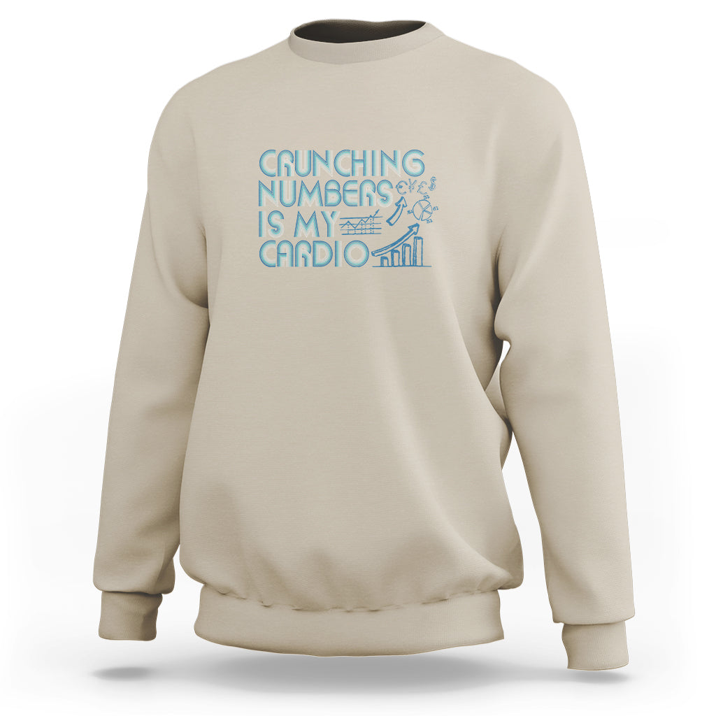 Beige crewneck sweatshirt with teal 'Crunching numbers is my cardio' graphic