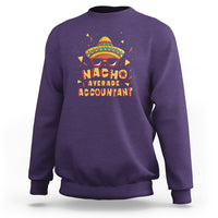 Purple crewneck sweatshirt with colorful 'Nacho' cartoon accountant graphic