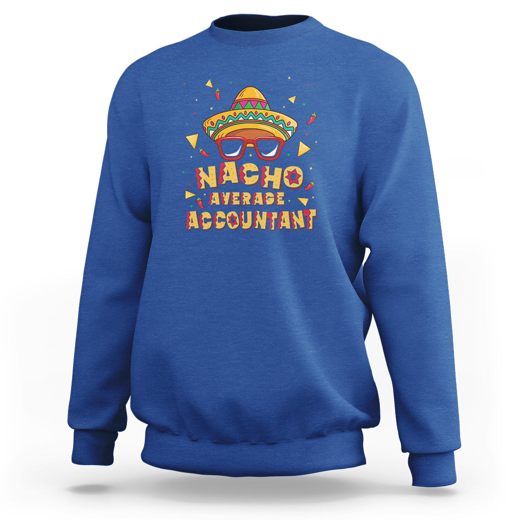 Royal blue crewneck sweatshirt with colorful 'Nacho' cartoon accountant graphic