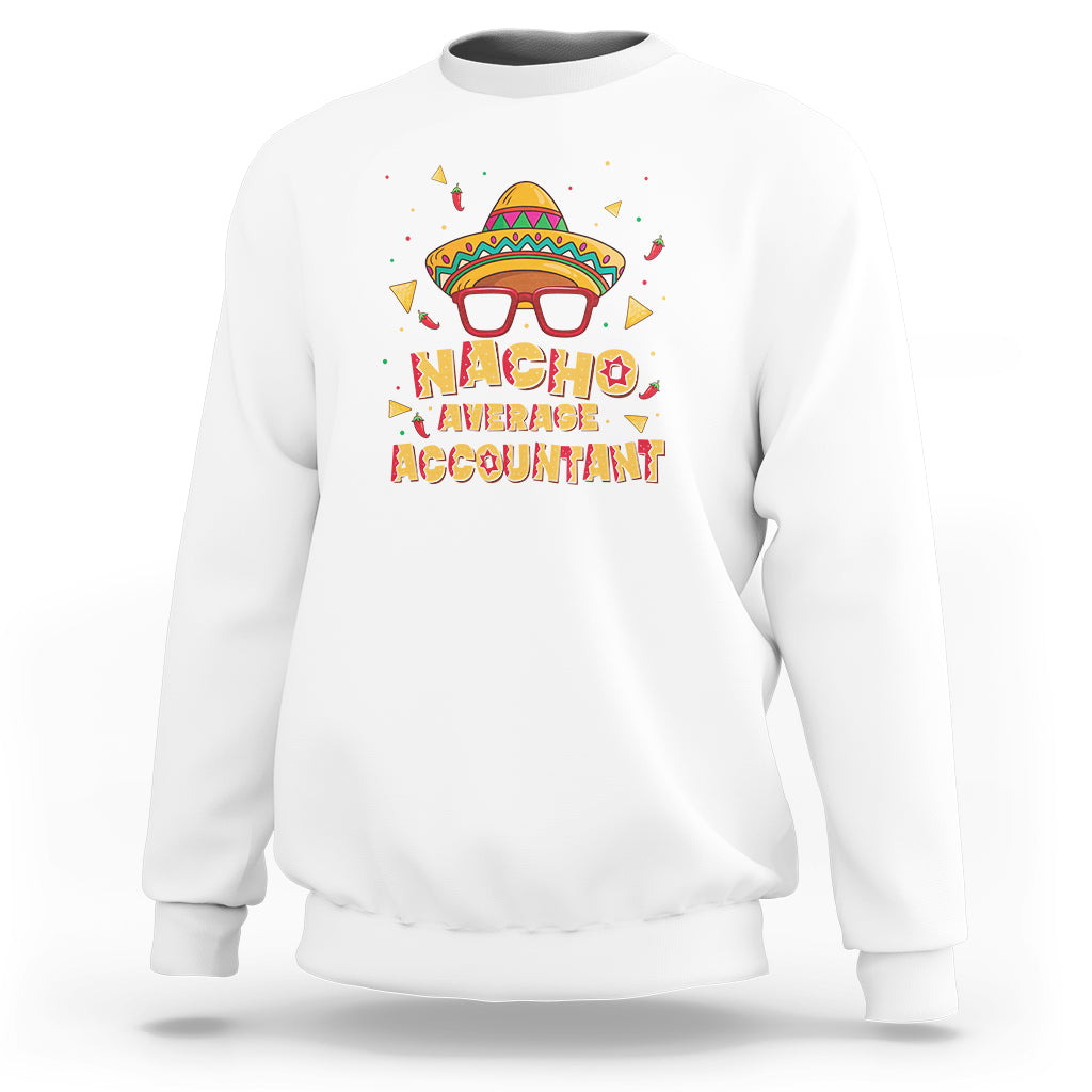 White crewneck sweatshirt with colorful 'Nacho' cartoon accountant graphic