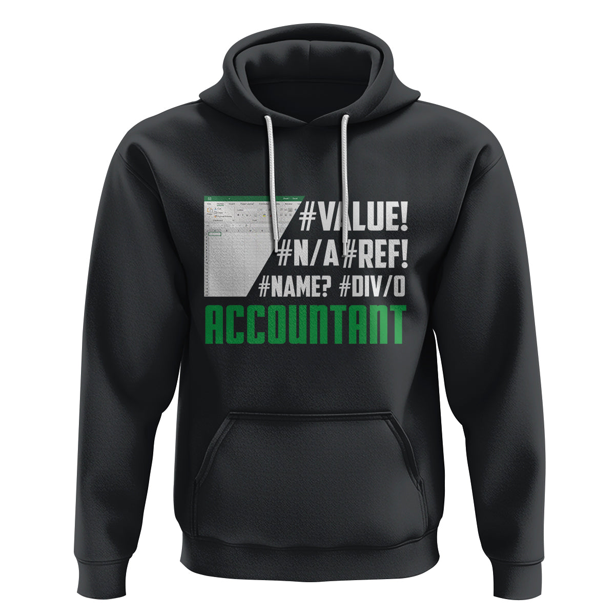 Men's pullover hoodie in black with calculator-style accountant text and kangaroo pocket
