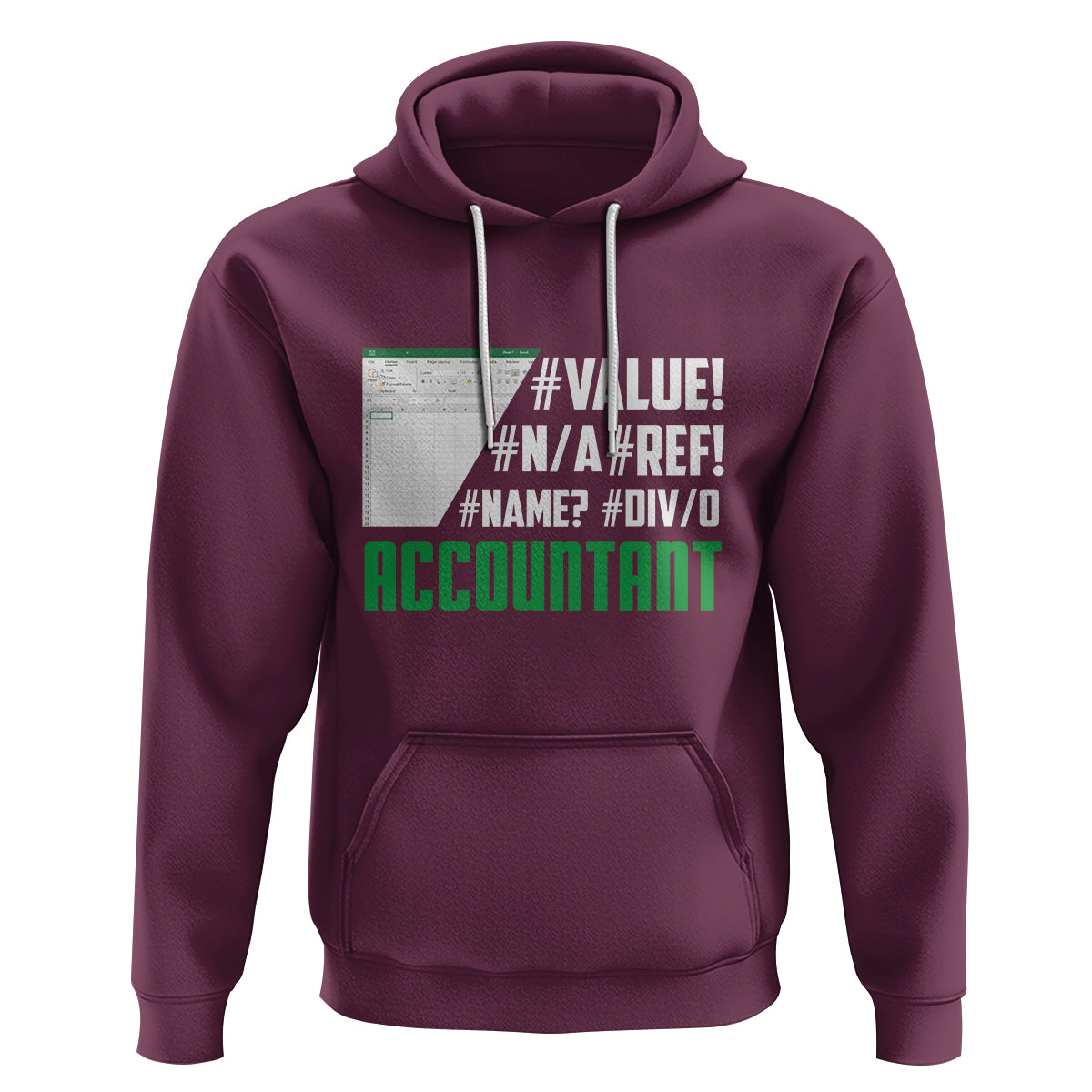 Men's pullover hoodie in maroon with spreadsheet error accountant graphic and kangaroo pocket