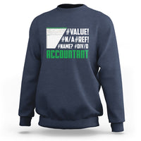 Navy crewneck sweatshirt with #VALUE! and ACCOUNTANT graphic on the back