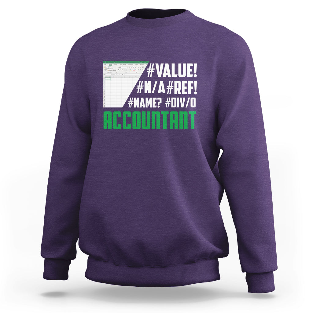 Purple crewneck sweatshirt with #VALUE! and ACCOUNTANT graphic on the back