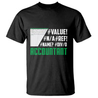 Funny accountant Excel error T-shirt, black with bold front print graphic