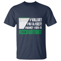 Funny accountant Excel error T-shirt, dark navy with bold front print graphic
