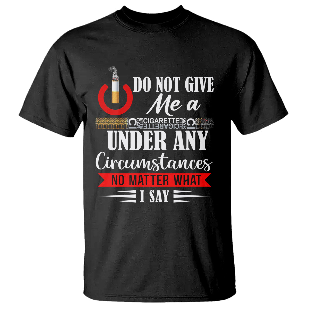 Black T-shirt with no-smoking slogan graphic and red warning symbol