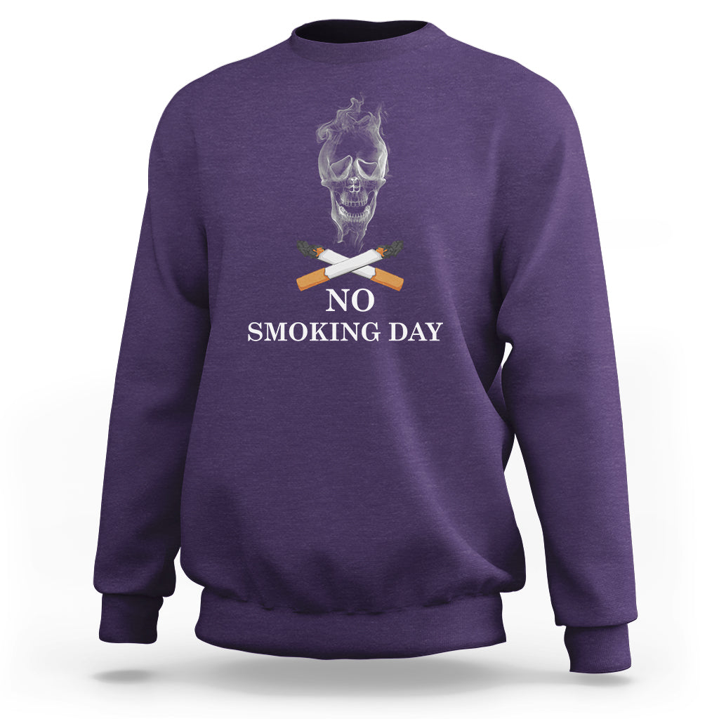Purple sweatshirt with 'NO SMOKING DAY' graphic featuring smoking-cancel symbol