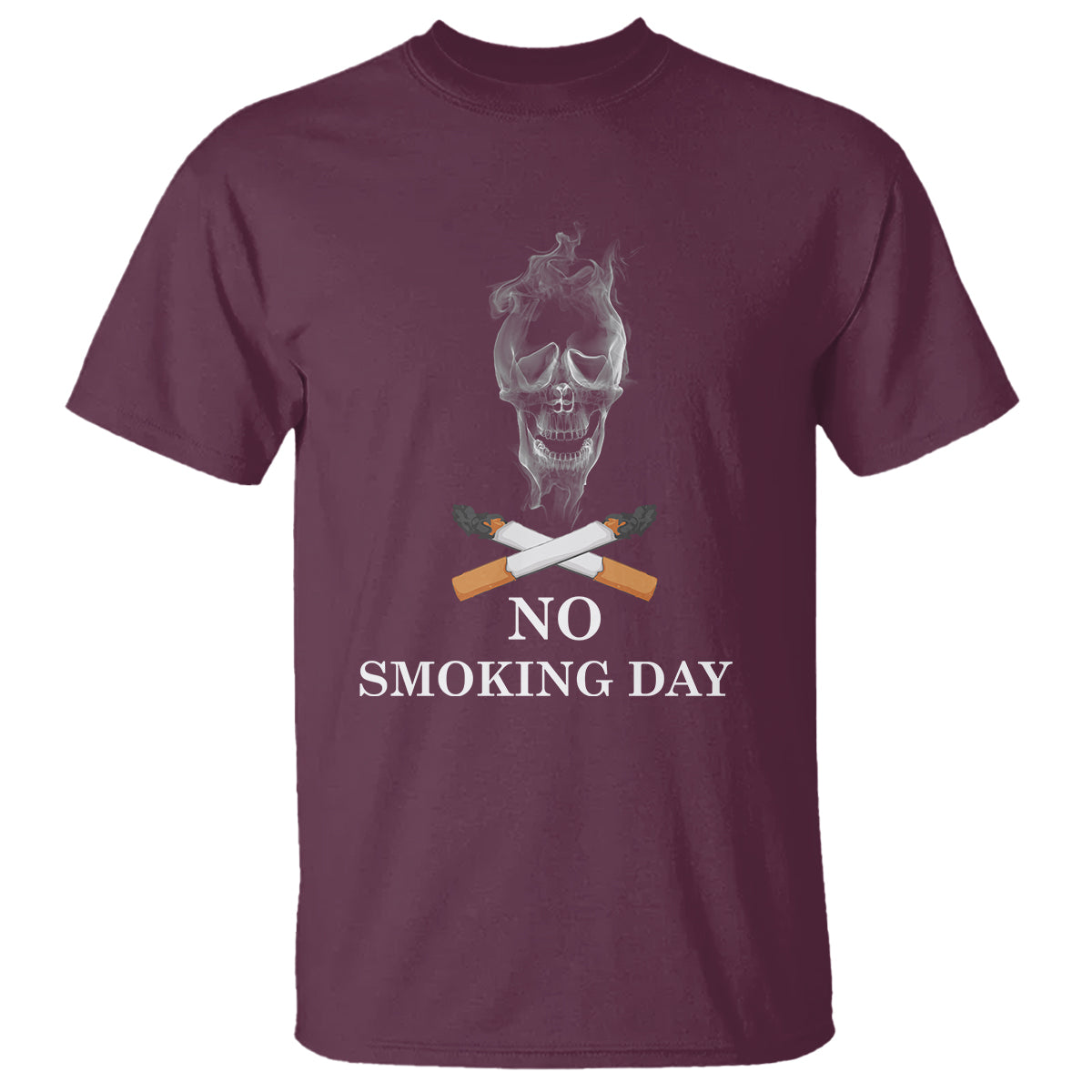 Maroon T-shirt with skull smoke graphic and "NO SMOKING DAY" print