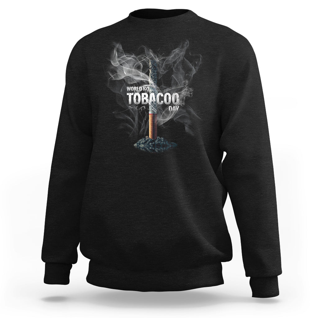 Black crewneck sweatshirt with anti-smoking graphic and smoke design on front