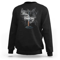 Black crewneck sweatshirt with anti-smoking graphic and smoke design on front
