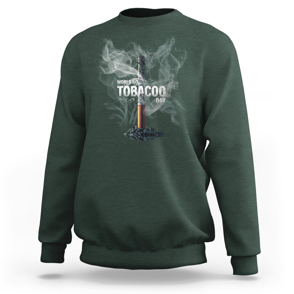 Dark forest green crewneck sweatshirt with anti-smoking graphic and smoke design on front