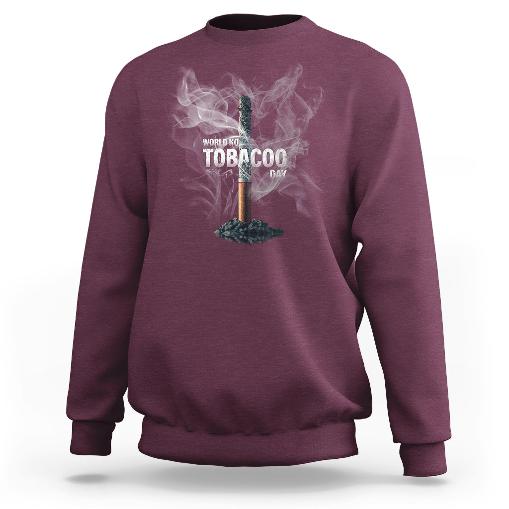 Maroon crewneck sweatshirt with anti-smoking graphic and smoke design on front