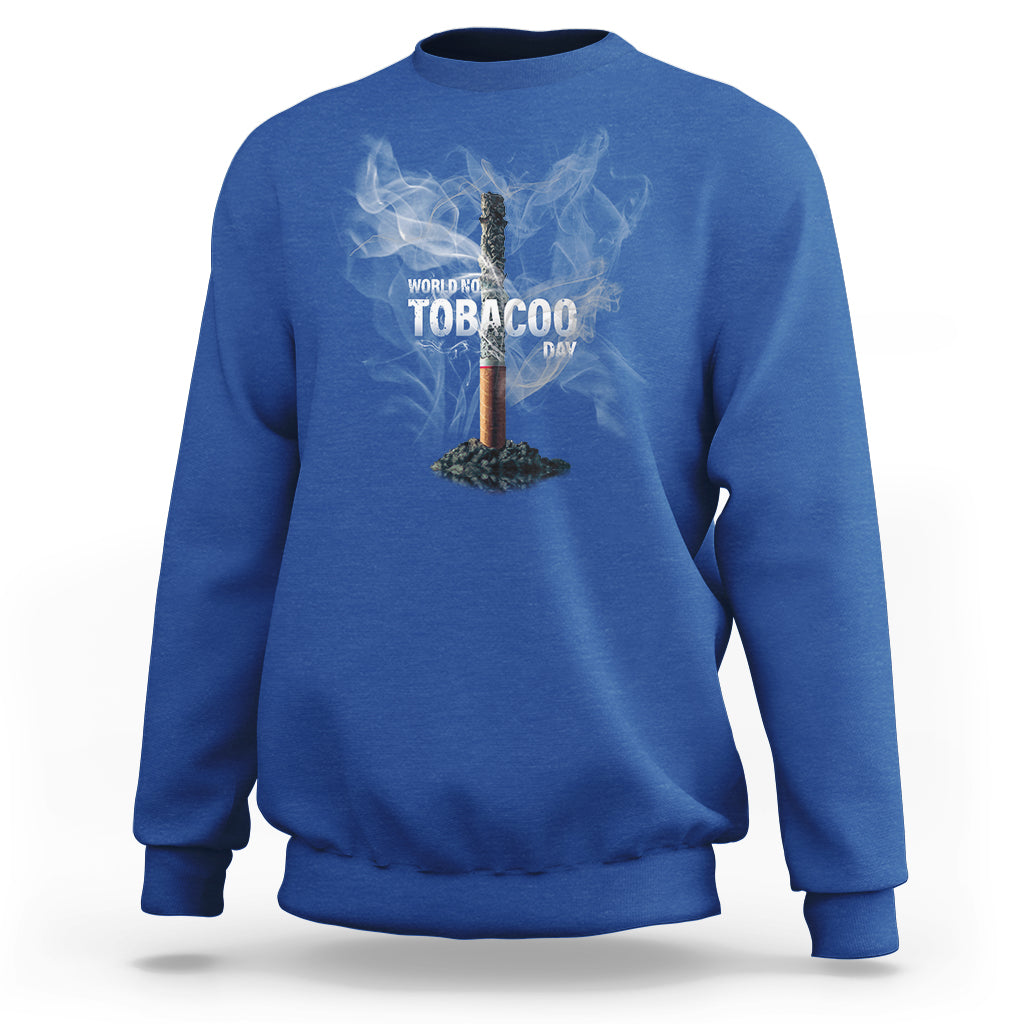 Royal blue crewneck sweatshirt with anti-smoking graphic and smoke design on front