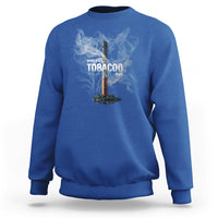 Royal blue crewneck sweatshirt with anti-smoking graphic and smoke design on front