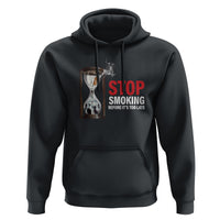 Black pullover hoodie with front pocket and “STOP SMOKING” graphic on chest