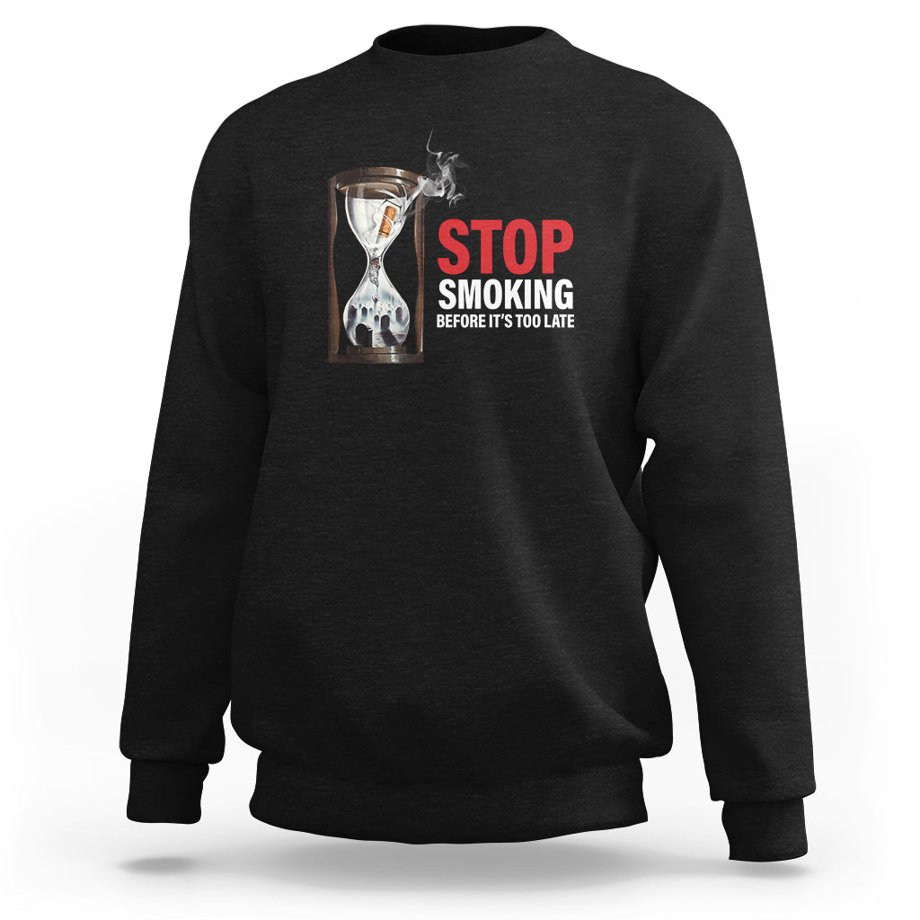 Black anti-smoking sweatshirt with STOP SMOKING graphic on chest