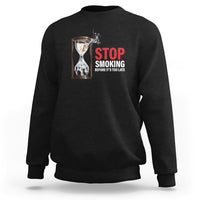 Black anti-smoking sweatshirt with STOP SMOKING graphic on chest