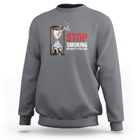 Charcoal gray anti-smoking sweatshirt with STOP SMOKING graphic on chest