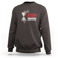 Dark brown anti-smoking sweatshirt with STOP SMOKING graphic on chest