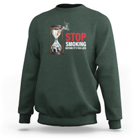 Dark green anti-smoking sweatshirt with STOP SMOKING graphic on chest