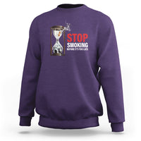 Purple anti-smoking sweatshirt with STOP SMOKING graphic on chest