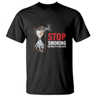 Black anti-smoking t-shirt with 'STOP SMOKING' hourglass graphic on front