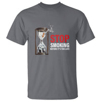 Charcoal anti-smoking t-shirt with 'STOP SMOKING' hourglass graphic on front