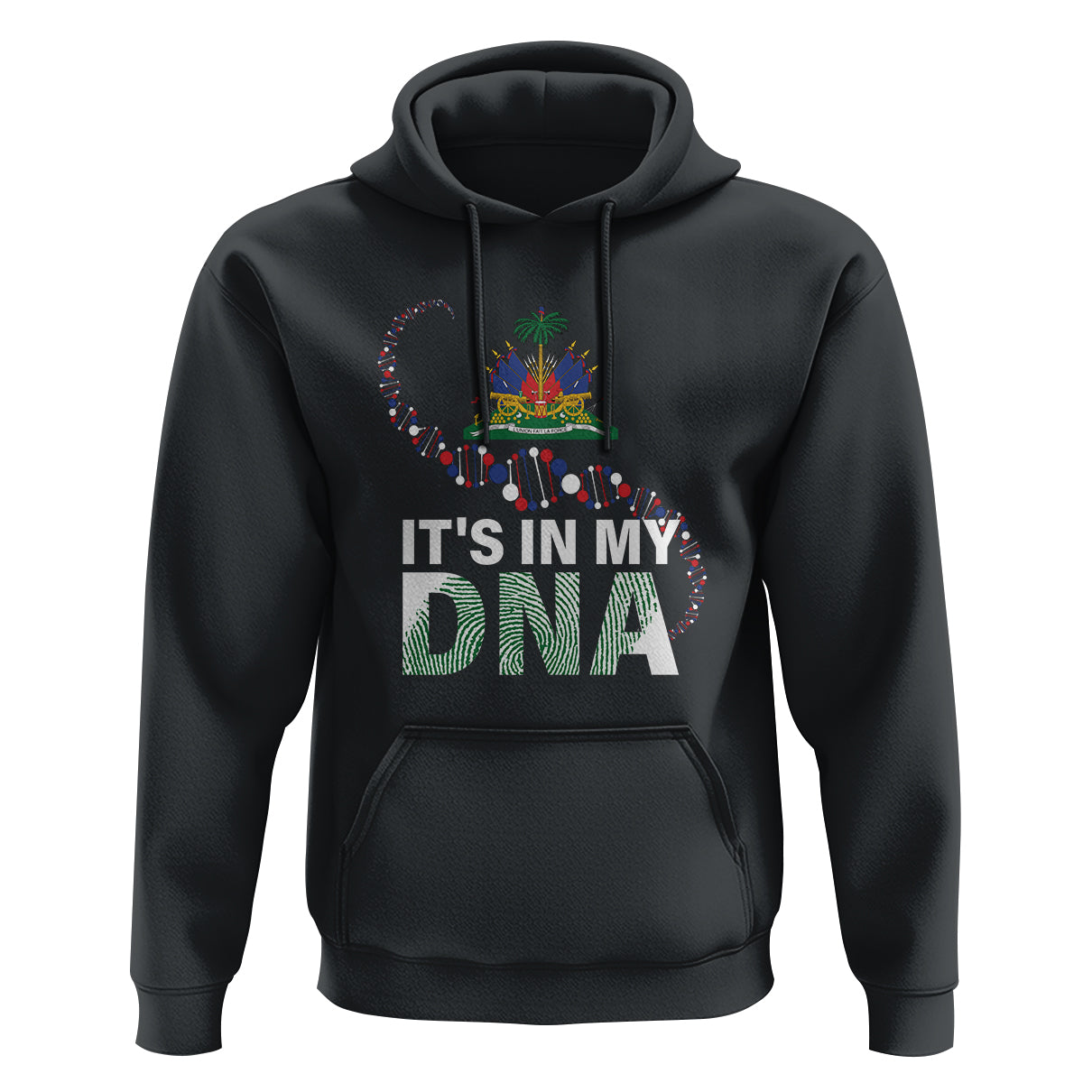 Haitian DNA hoodie, black pullover with “It’s in my DNA” graphic on chest