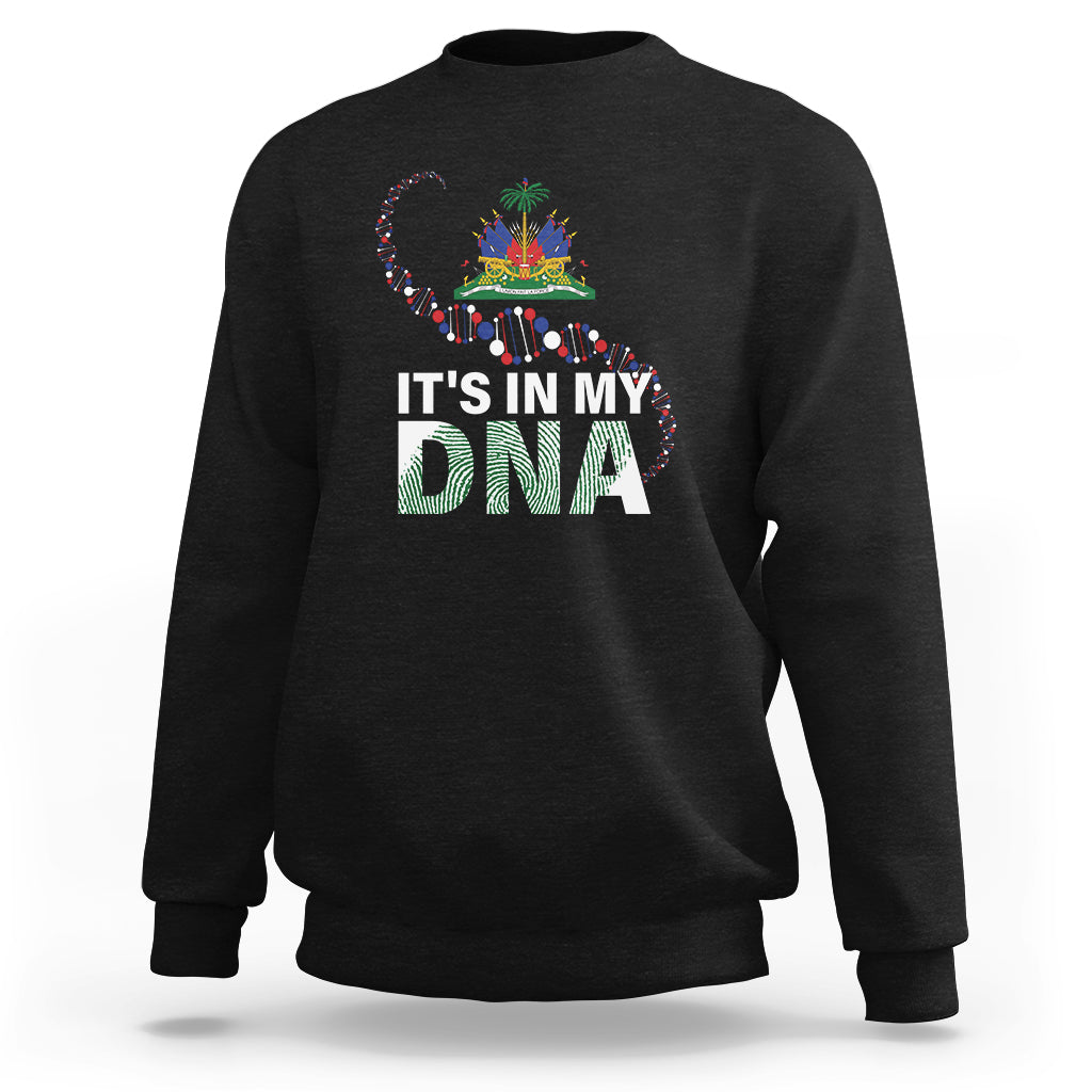 Black crewneck sweatshirt with colorful “It’s in My DNA” graphic on chest