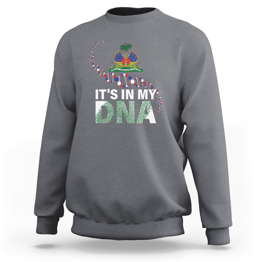 Gray crewneck sweatshirt with colorful “It’s in My DNA” graphic on chest