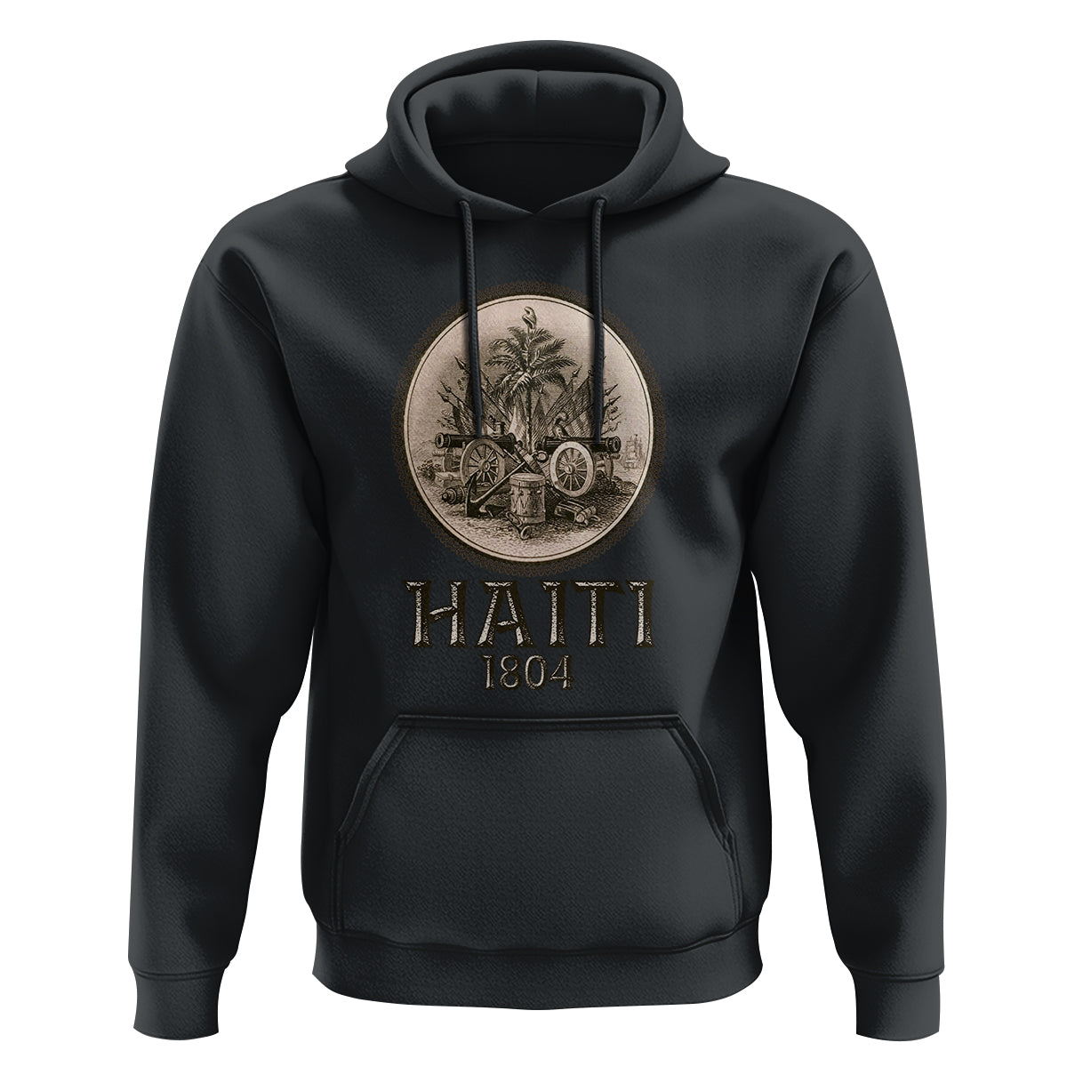 Haitian hoodie in black with front circular emblem and “HAITI 1804” print