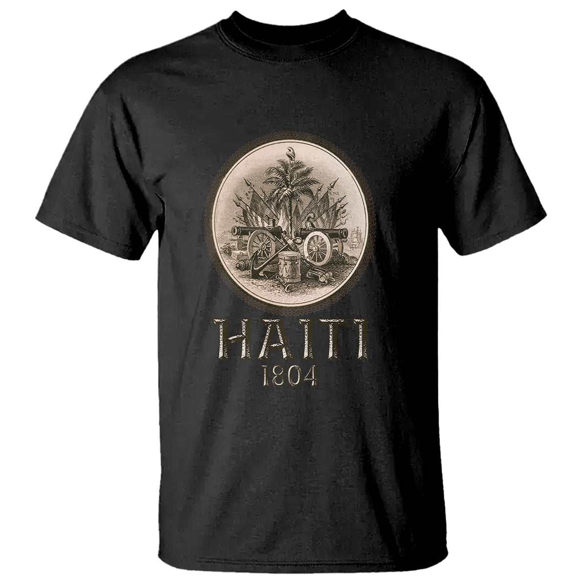 Black Haitian graphic T-shirt with circular crest and 'HAITI 1804' print