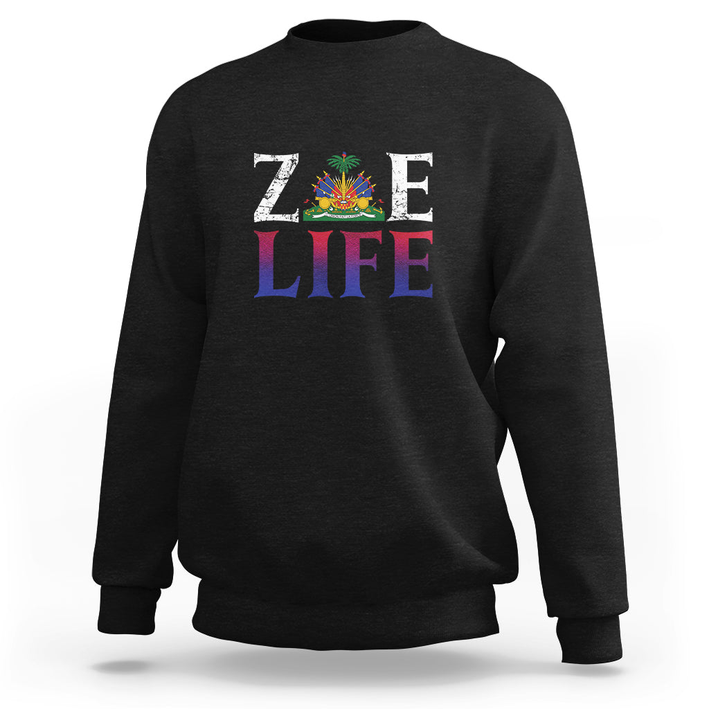 Black crewneck sweatshirt with 'ZOE LIFE' patriotic graphic on chest