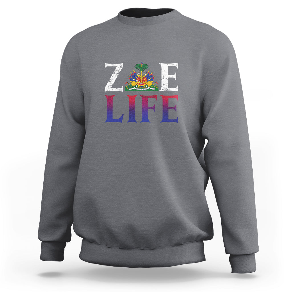 Gray crewneck sweatshirt with 'ZOE LIFE' patriotic graphic on chest